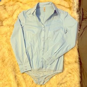 Blue Bodysuit Collared Button-down